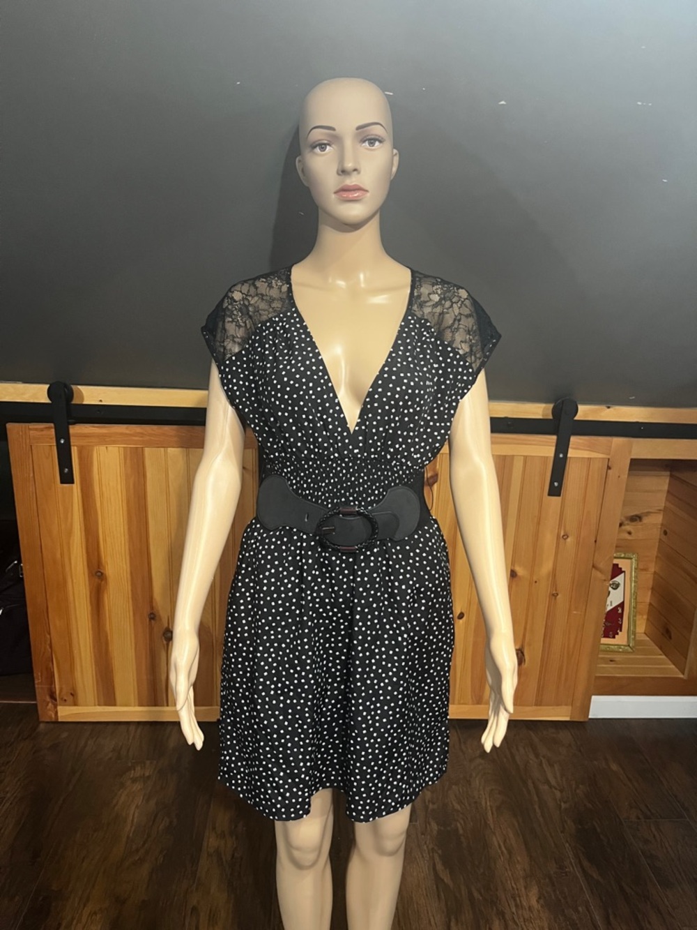 NEW Guess Black Polka Dot V-Neck Mini Dress with Lace Cap Sleeves size M